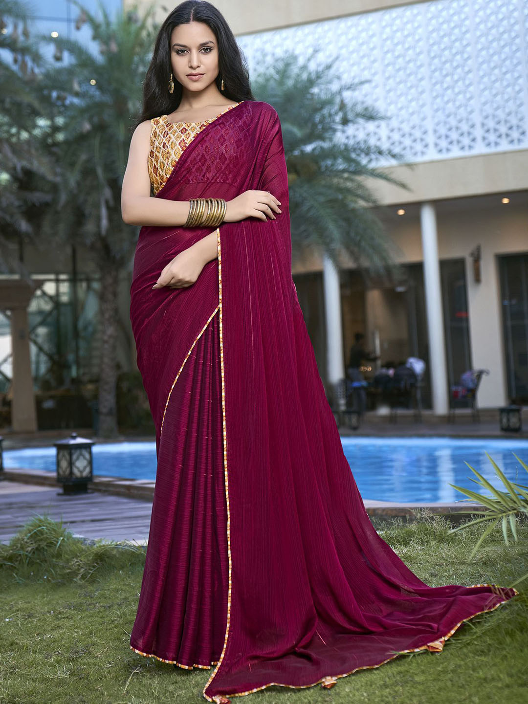 

A.V.M. SILK MILLS Women Zari Pure Chiffon Saree, Purple