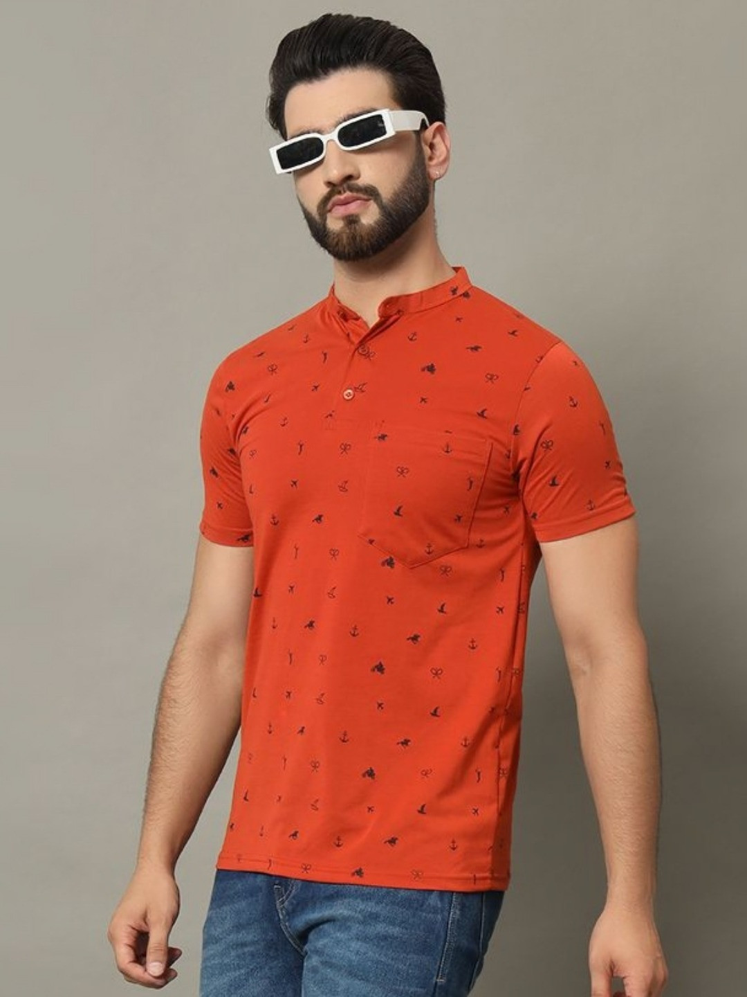

RELANE Men Conversational Printed Mandarin Collar Cotton T-shirt, Orange