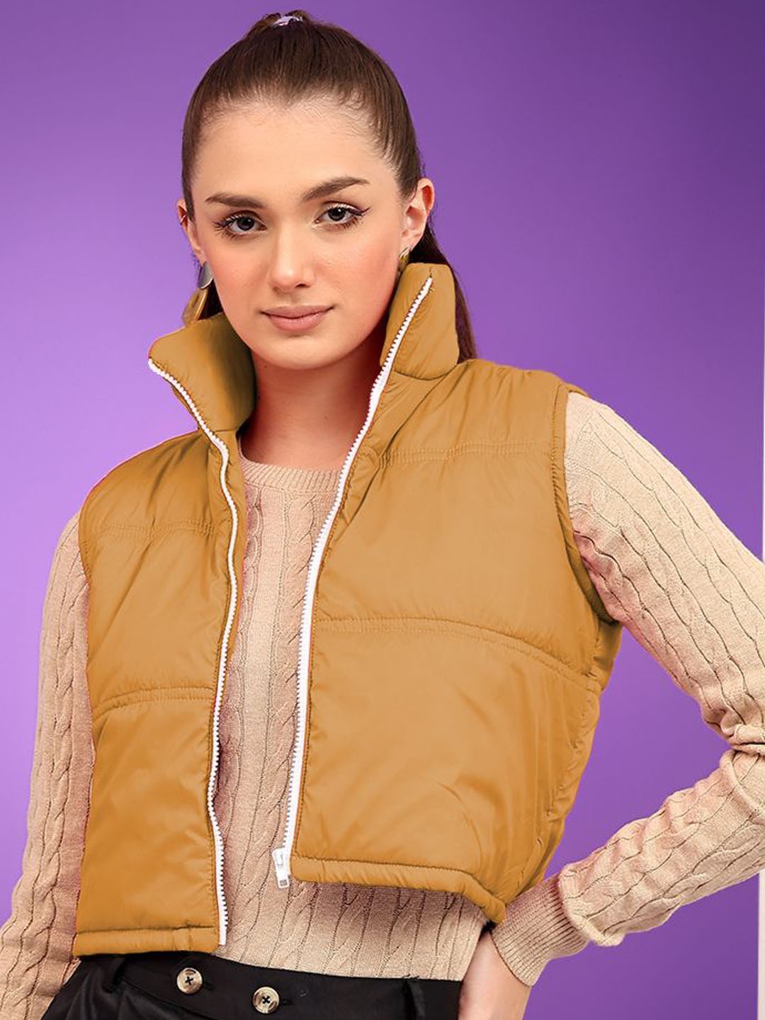 

Kotty Women Mock Collar Solid Cotton Insulator Crop Gilet Jacket, Brown