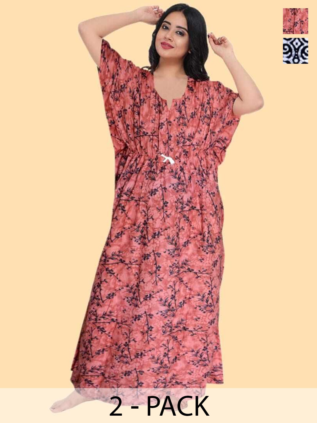 

PR PINK ROYAL Women Pack of 2 Pure Cotton Maxi Kaftan Nightdress, Black