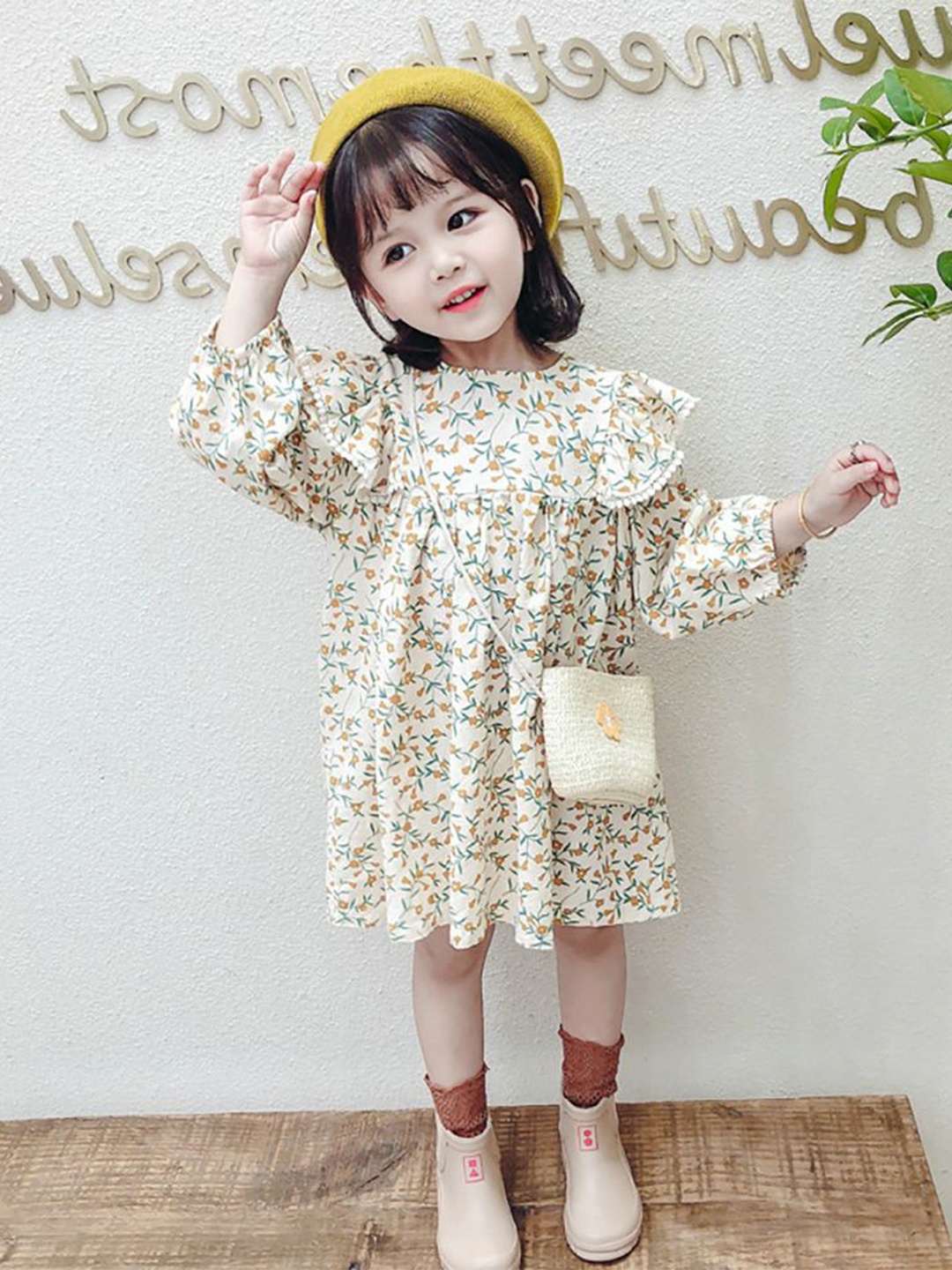 

StyleCast x Revolte Print Cape Sleeve A-Line Dress, Beige