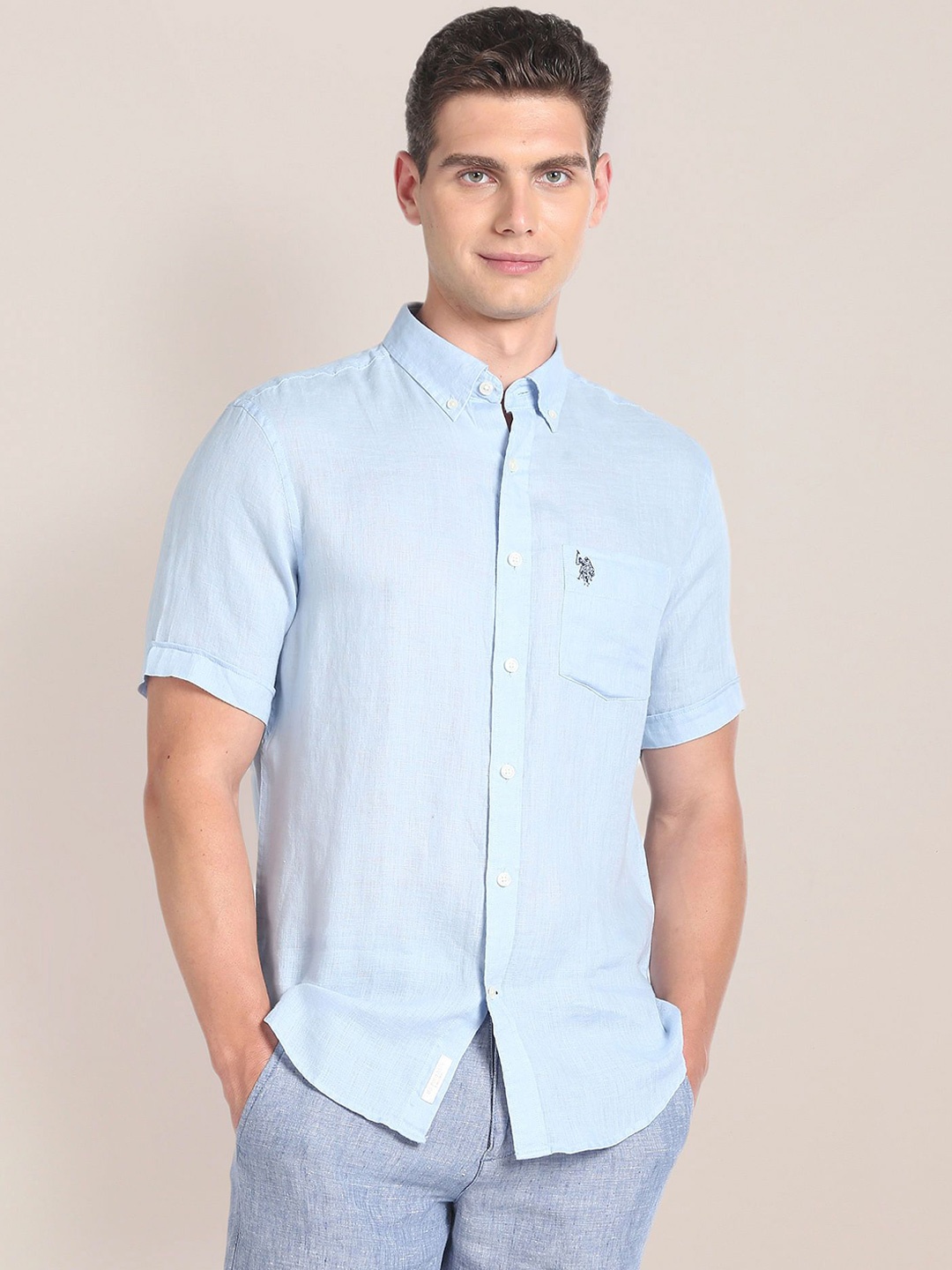 

U.S. Polo Assn. Men Slim Fit Button-Down Collar Solid Linen Casual Shirt, Blue