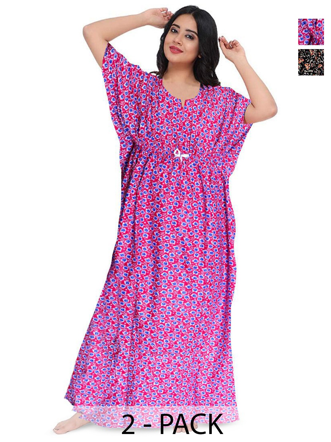 

PR PINK ROYAL Women Pack Of 2 Pure Cotton Printed Maxi Kaftan Nightdress, Fuchsia
