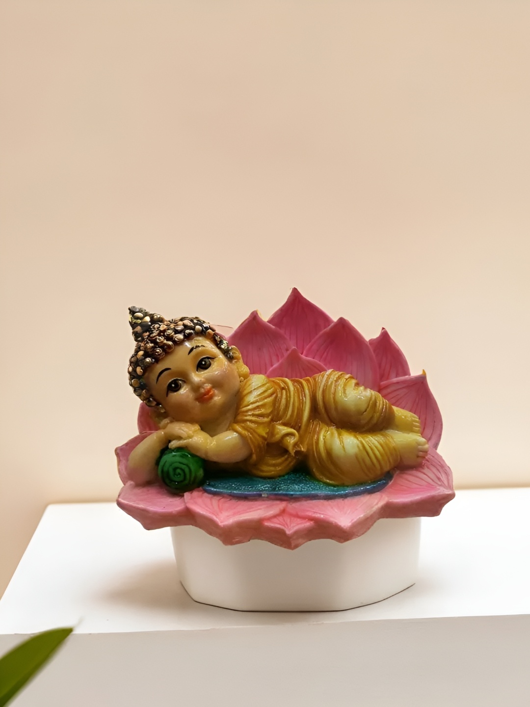

Vrinban International Beige And Gold-Toned Sleeping Buddha Idol Marble Showpiece
