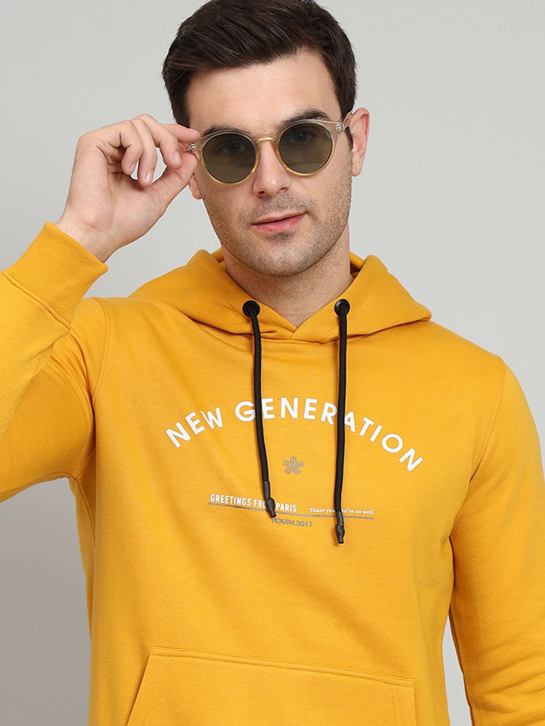 

OGEN Men Typography Printed Hooded Pullover Sweatshirt, Mustard
