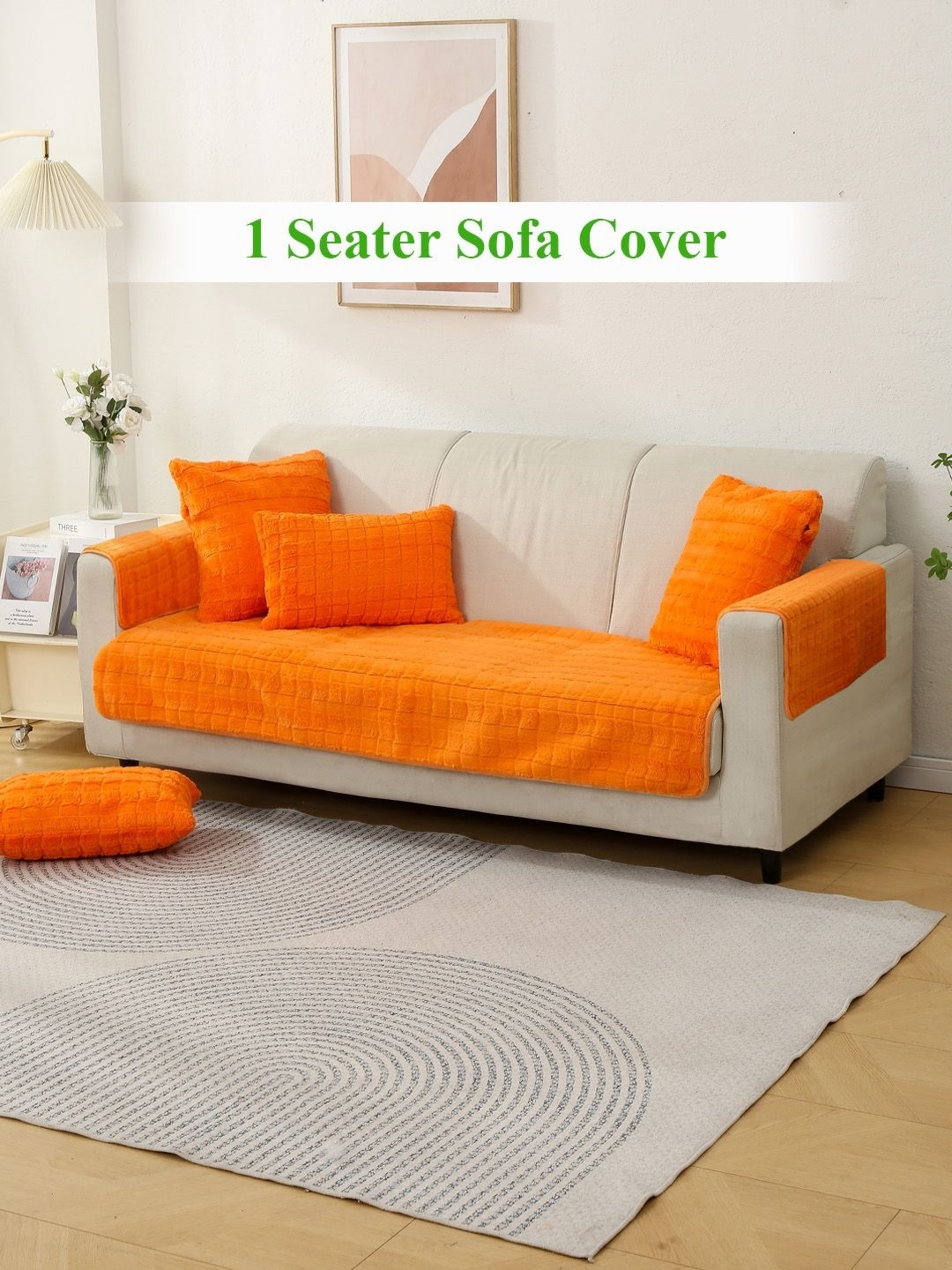 

HOKIPO Orange Plush 1 Seater Sofa Seat Mat & 2 Armrest Covers
