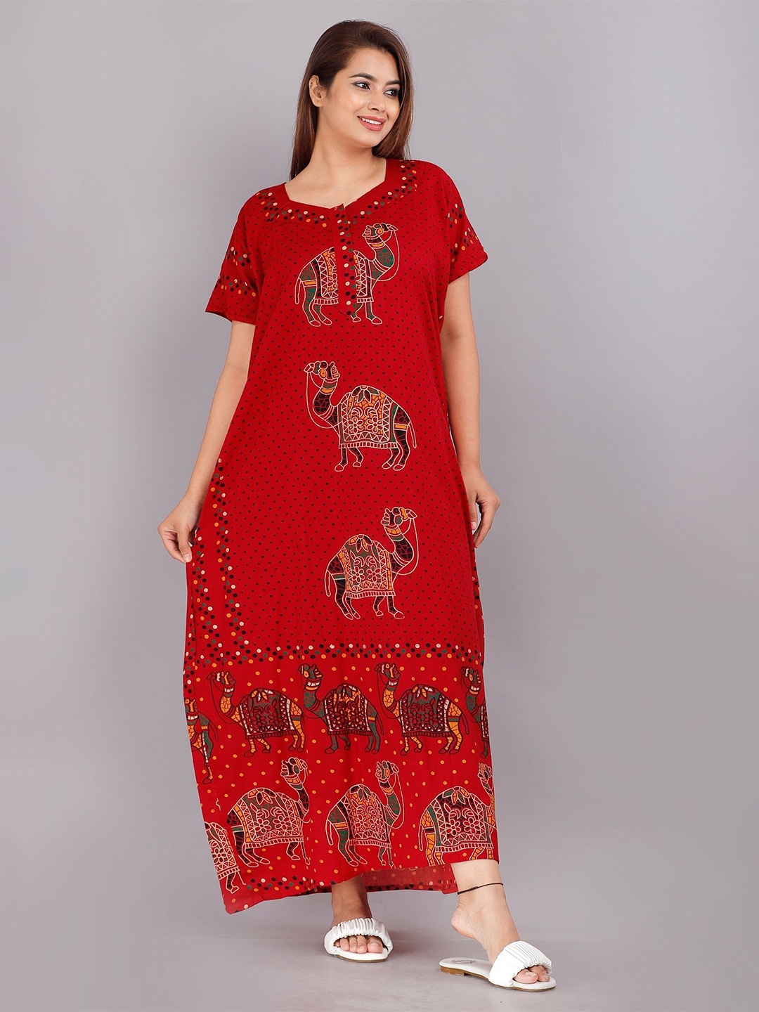 

PR PINK ROYAL Women Printed Maxi Nightdress, Red