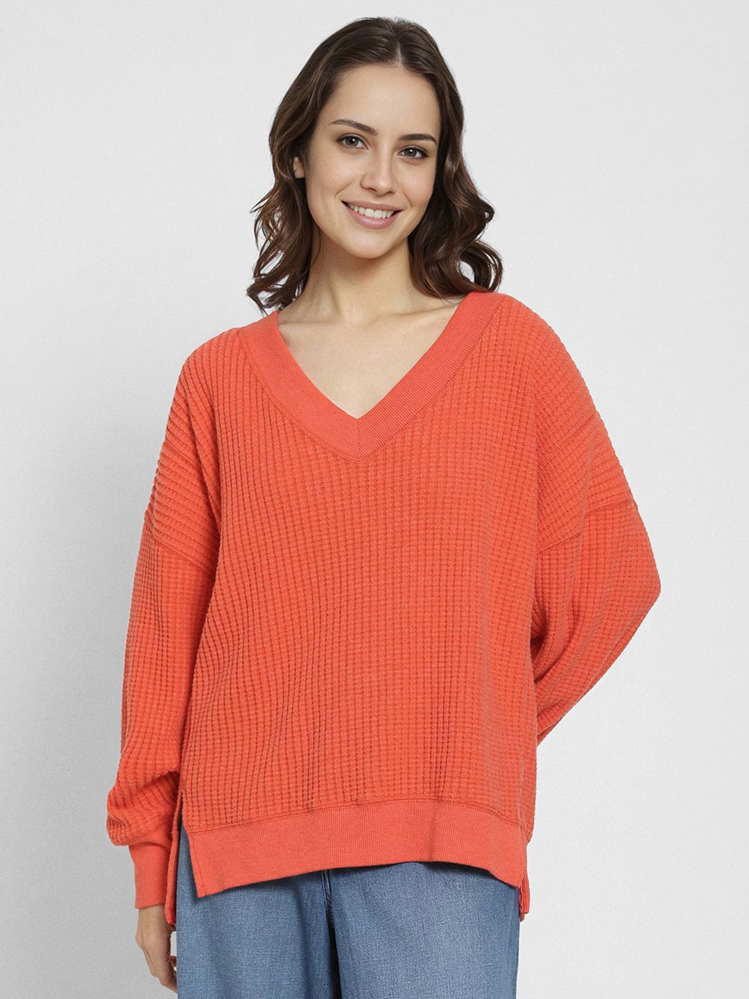 

AMERICAN EAGLE OUTFITTERS Women Solid V-Neck Drop Shoulder Sweatshirt, Orange