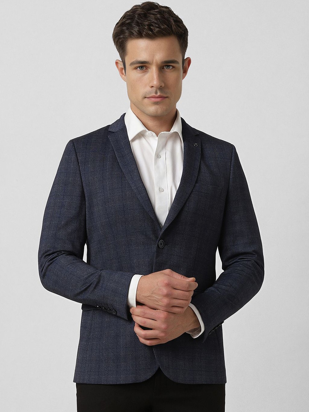 

Van Heusen Self Design Notched Lapel Collar Slim Fit Single Breasted Formal Blazer, Navy blue