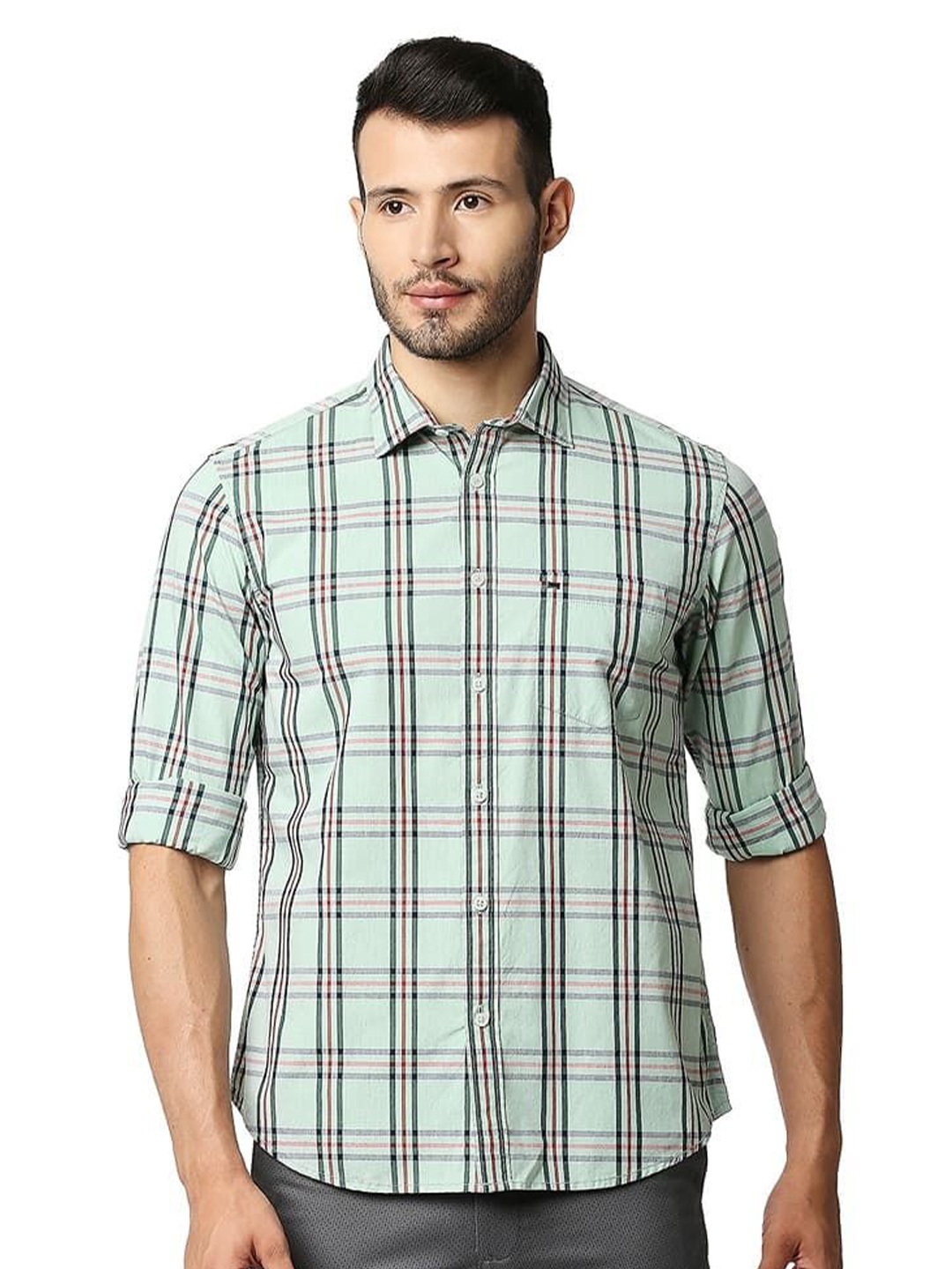 

Basics Men Relaxed Fit Spread Collar Tartan Checked Cotton Casual Shirt, White