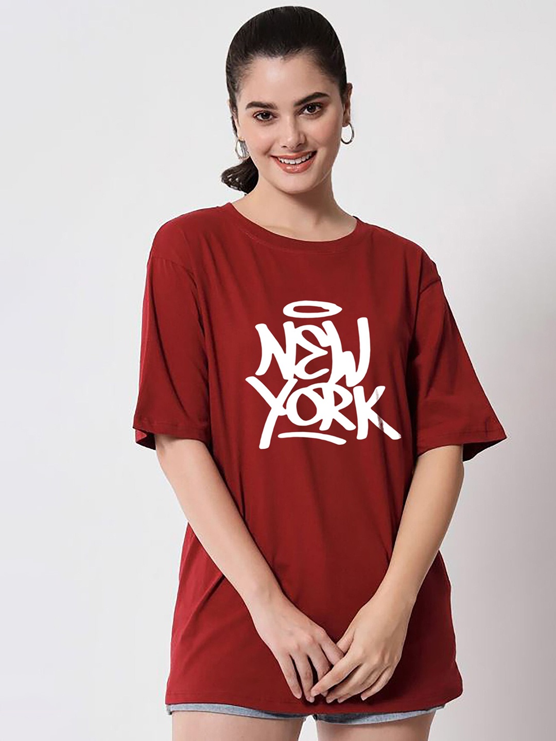 

My Swag Women Typography Printed Round Neck Cotton Oversized T-shirt, Maroon