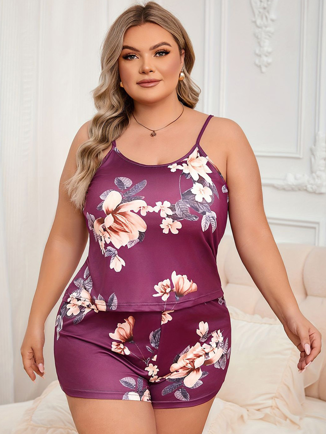 

Beera Women Floral Printed Satin Night suit, Purple