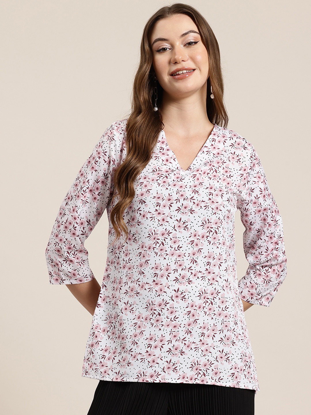 

HERE&NOW Floral Printed V-Neck Straight Kurti, White