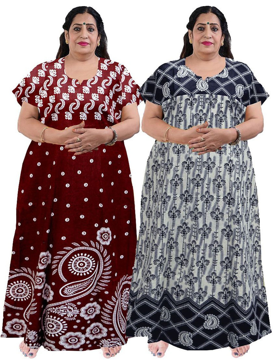 

PR PINK ROYAL Women Pack of 2 Printed Pure Cotton Maxi Kaftan Nightdress, Maroon