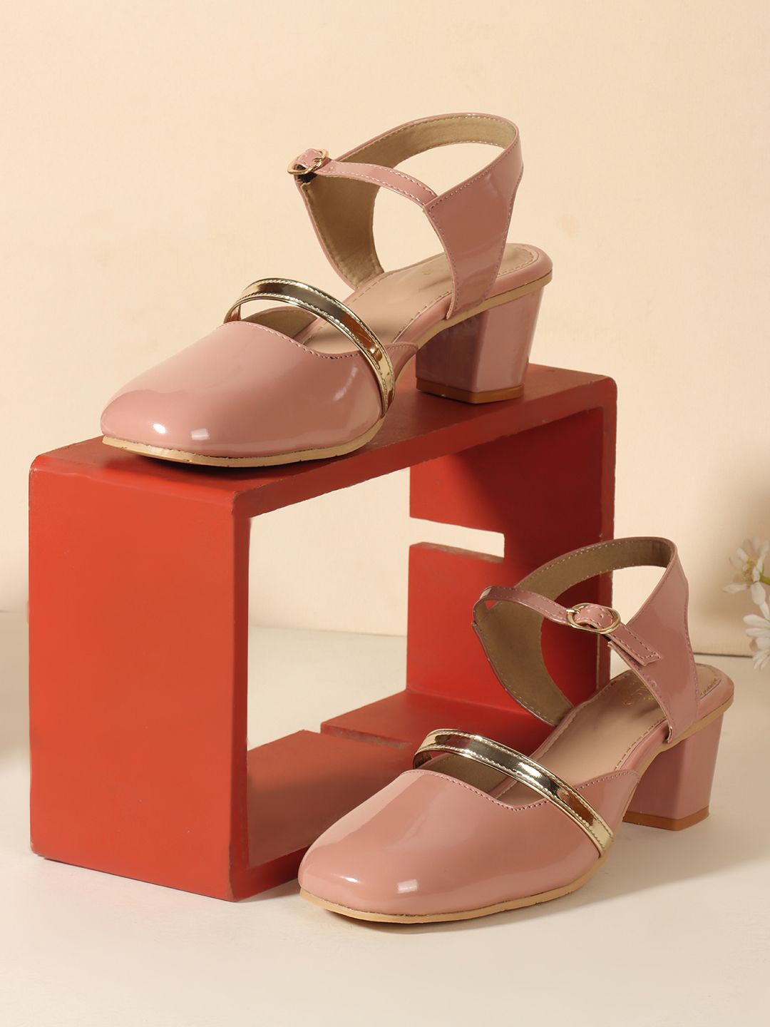 

Denill Backstrap Round Toe Mid-Top Block Heel Sandals, Peach