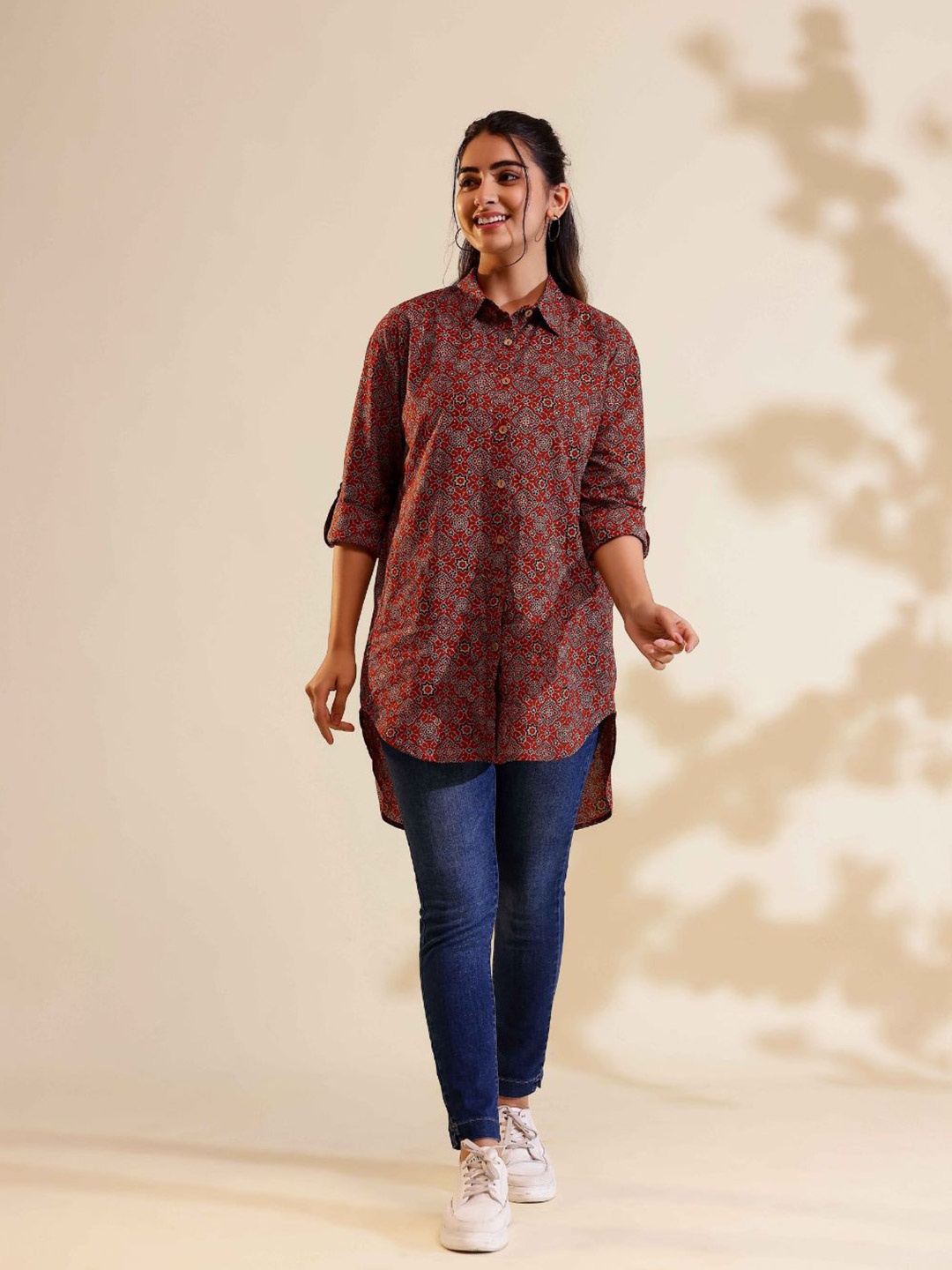

Vivika Women Relaxed Fit Spread Collar Ethnic Motifs Printed Cotton Casual Shirt, Maroon