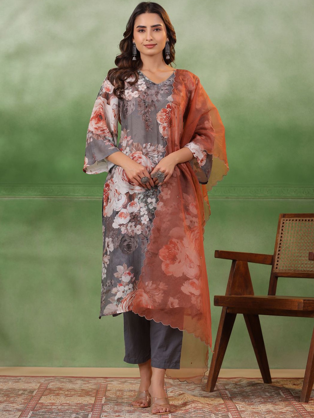 

Sangria Grey Floral Printed V-Neck Pure Cotton Straight Kurta With Trousers And Dupatta