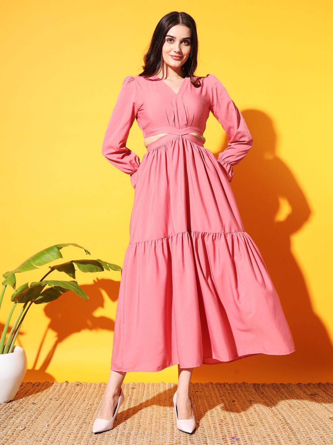 

ZWERLON Women Fit and Flare Cut-Outs Midi Dress, Pink