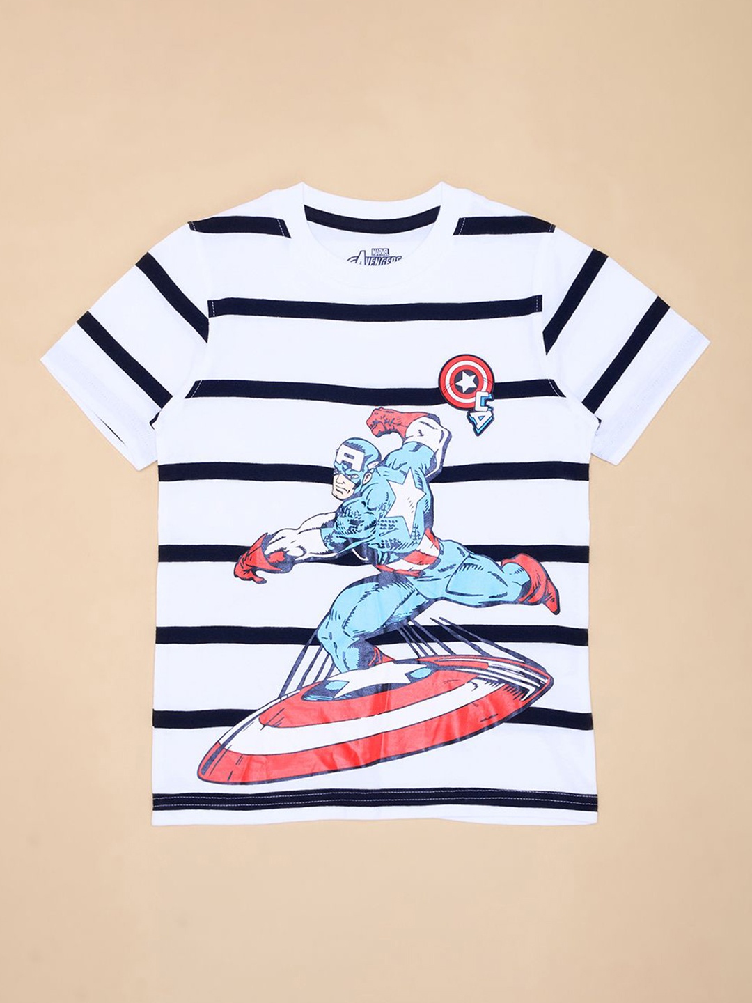 

Pantaloons Junior Boys Captain America Striped Round Neck Cotton T-shirt, White