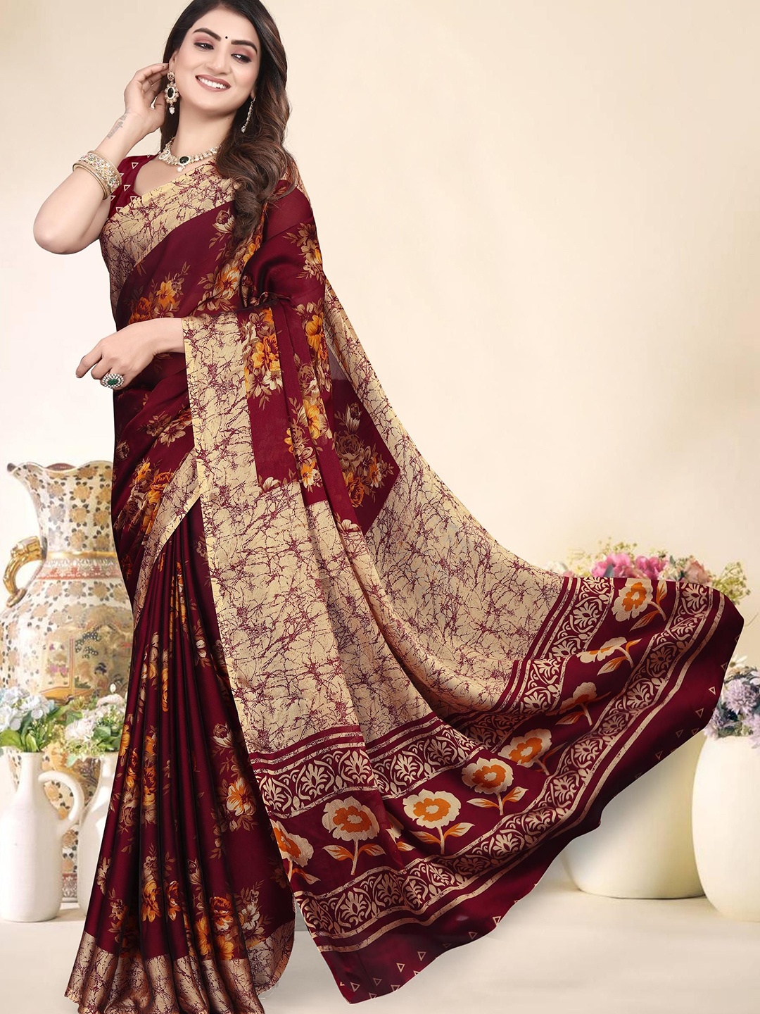 

MAGNEITTA Floral Printed Pure Chiffon Saree, Maroon