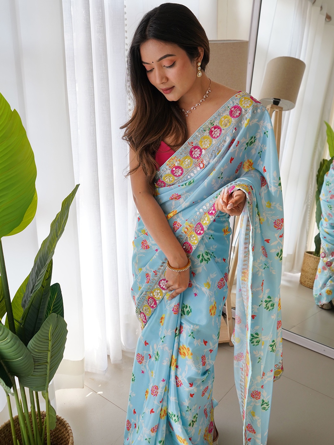 

Vintro Floral Sequinned Pure Silk Saree, Teal