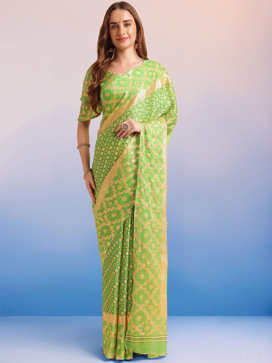 

Mitera Leheriya Printed Zari Poly Chiffon Leheriya Ready To wear Saree, Green