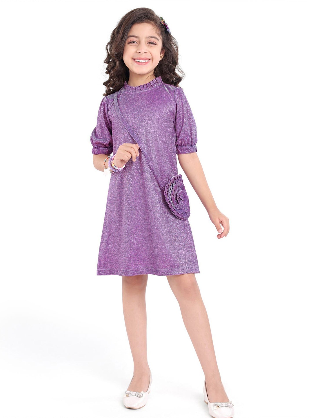 

Hola Bonita Girls Round Neck A-Line Dress with Sling, Purple