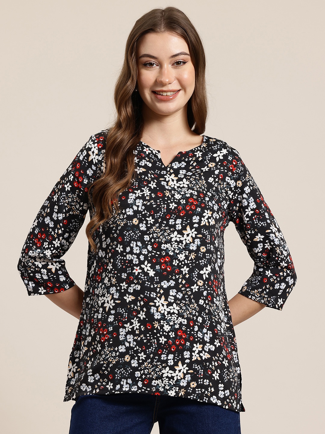 

HERE&NOW Floral Printed Empire Kurti, Black