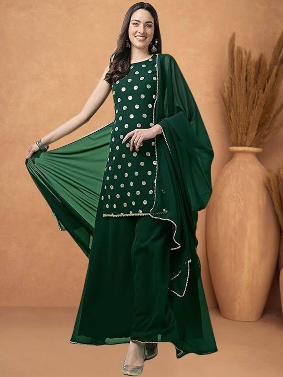 

PARROT CREATION Polka Dot Printed Gotta Patti Round Neck Kurti With Sharara & Dupatta, Green
