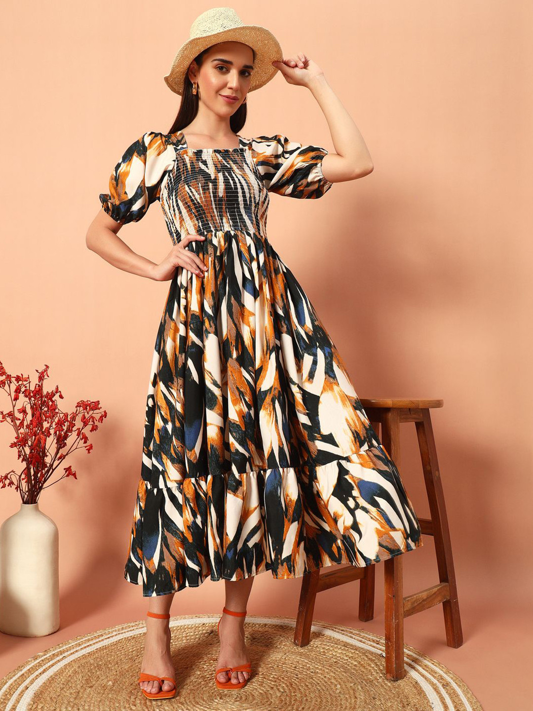 

ZWERLON Women Abstract Printed Puff Sleeve Smocked Fit & Flare Midi Dress, Orange