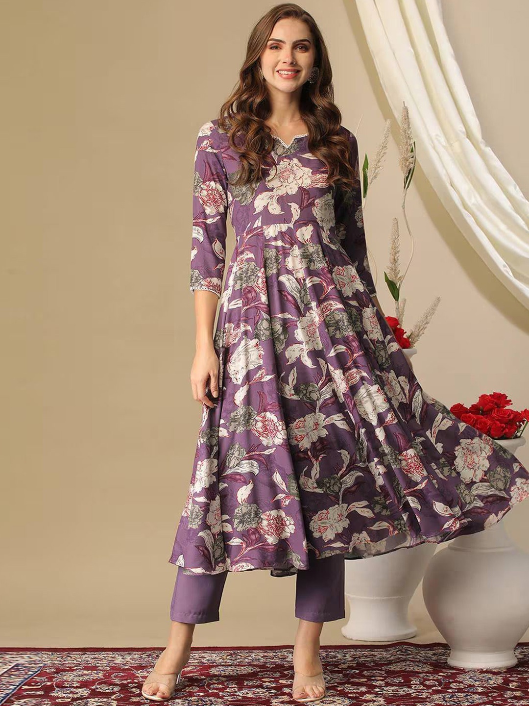

Moda Rapido Purple Floral Printed Notch Neck Raw Silk Anarkali Kurta With Trousers