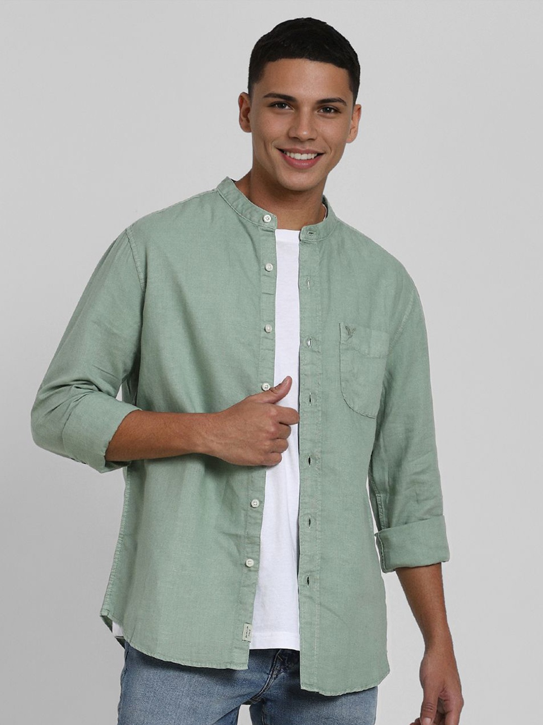 

AMERICAN EAGLE OUTFITTERS Men Band Collar Solid Casual Shirt, Green