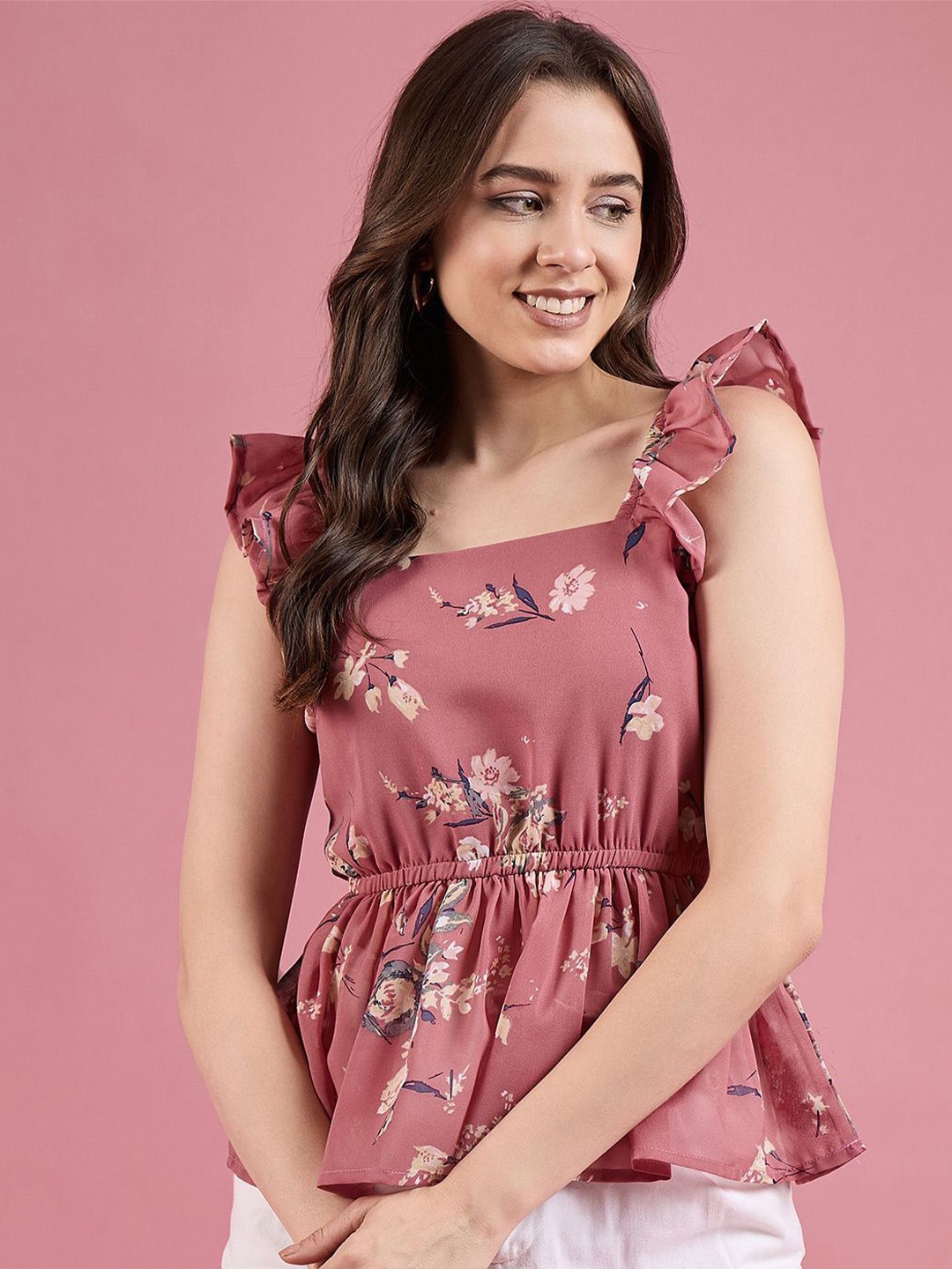 

DressBerry Floral Printed Georgette Peplum Top, Mauve