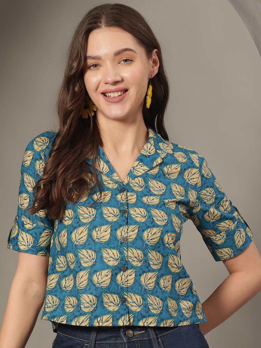 

JANAKDULARI CREATION Women Tropical Printed Lapel Collar Cotton Top, Blue