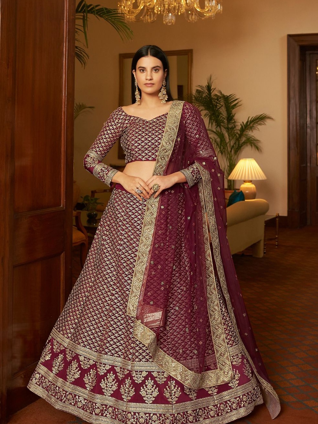 

Fusionic Embroidered Sequinned Semi-Stitched Lehenga & Unstitched Blouse With Dupatta, Maroon