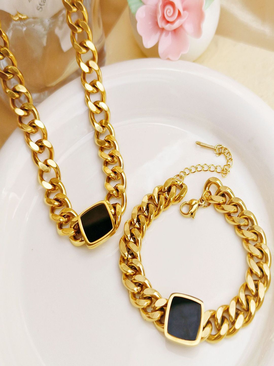 

AQUASTREET Men 18k Gold-Plated Onyx Studded Necklace And Bracelet