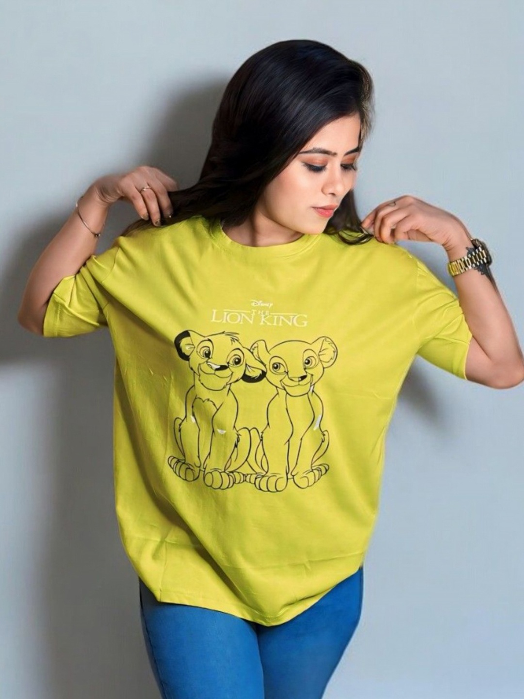 

HOW House Of Wear Women Lion King Graphic Printed Round Neck Oversized T-shirt, Yellow