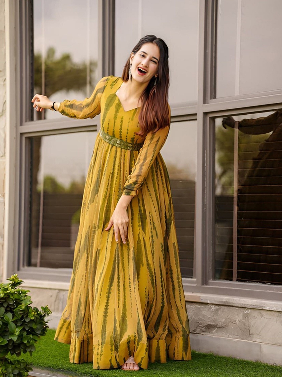 

Femvy Women Tie and Dye Printed Fit & Flare Maxi Dress, Yellow