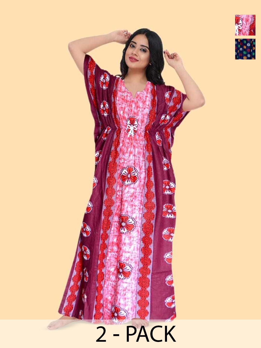 

PR PINK ROYAL Women Pack of 2 Printed Kaftan Nightdress, Red