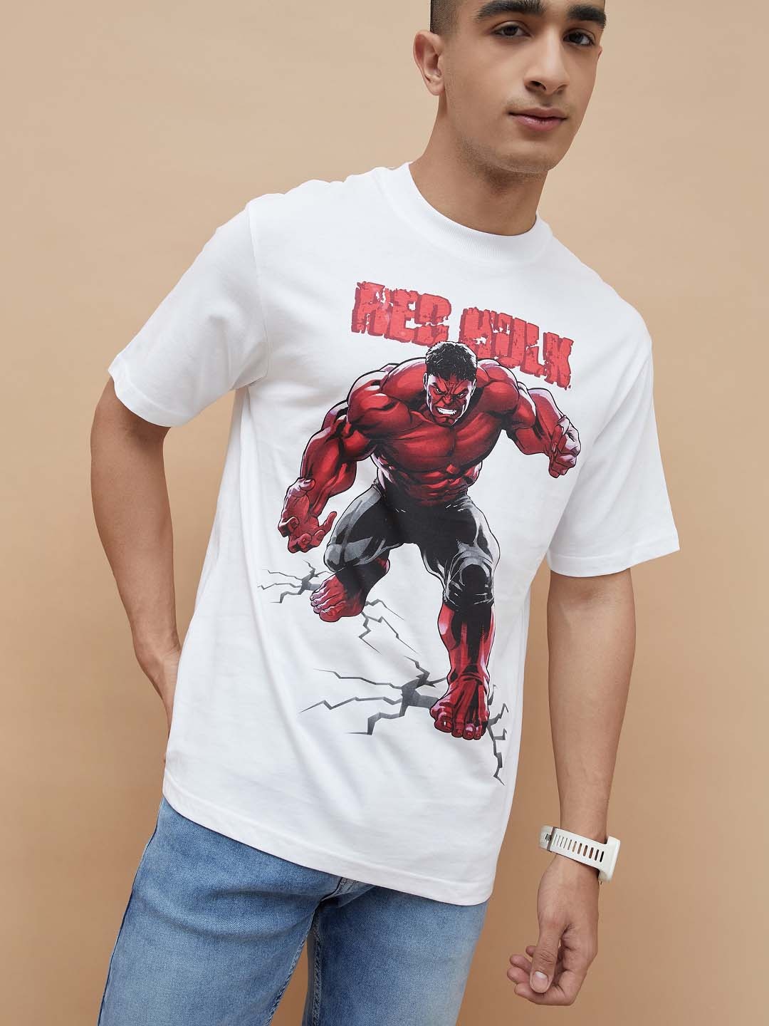 

Fame Forever by Lifestyle Men Hulk Graphic Printed Round Neck Cotton T-shirt, White