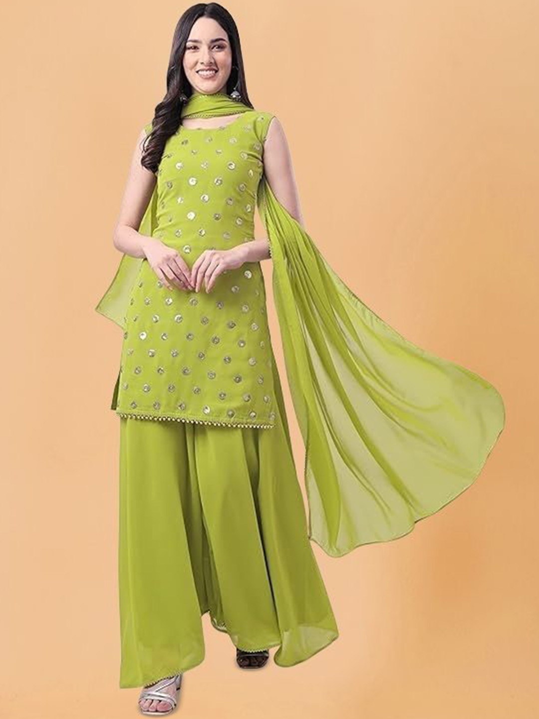 

PARROT CREATION Geometric Embroidered Sequinned Georgette Kurti with Sharara And Dupatta, Lime green