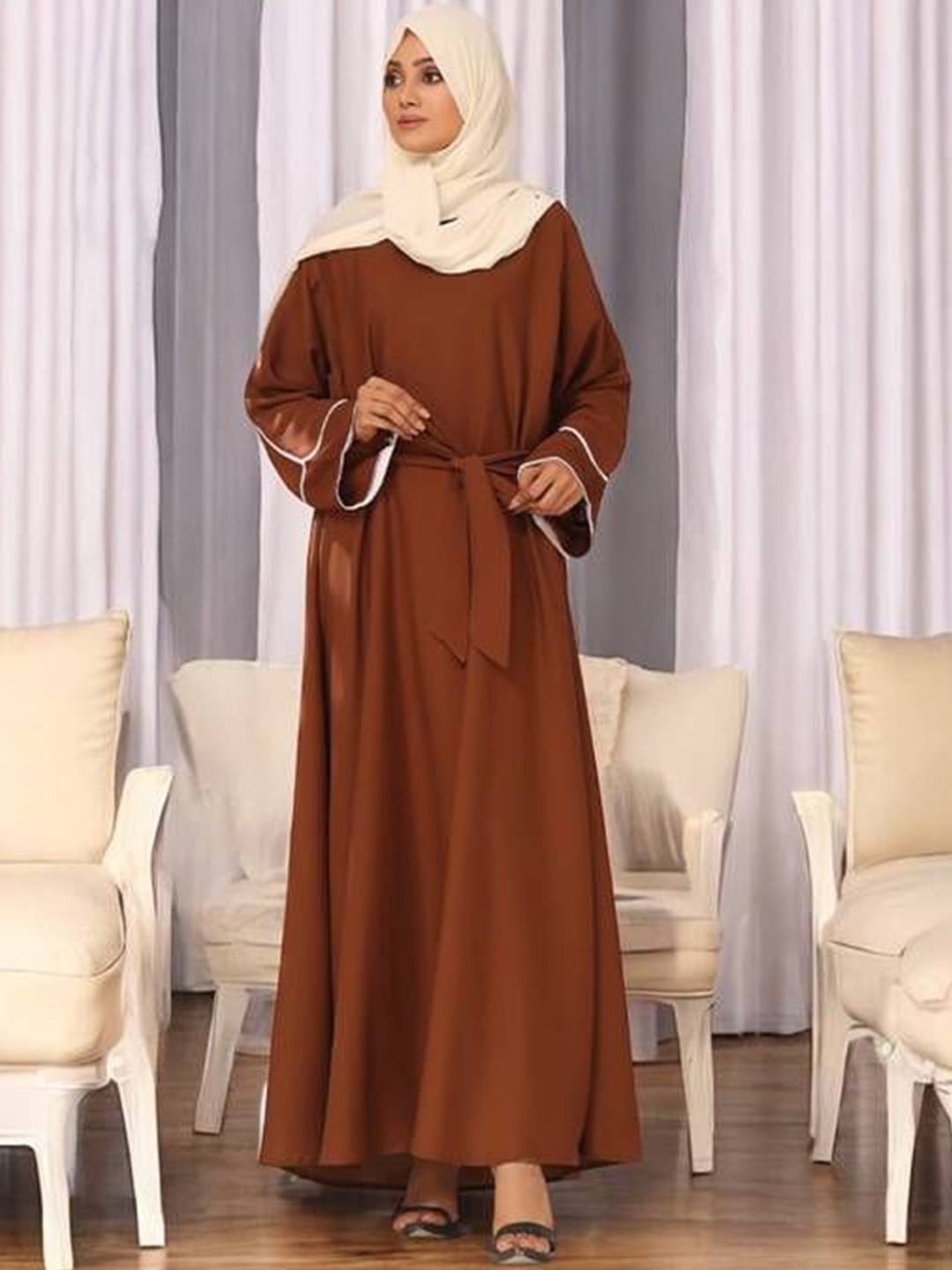 

BROKE BRAND Piping Detailing Abaya Burqa With Scarf, Brown