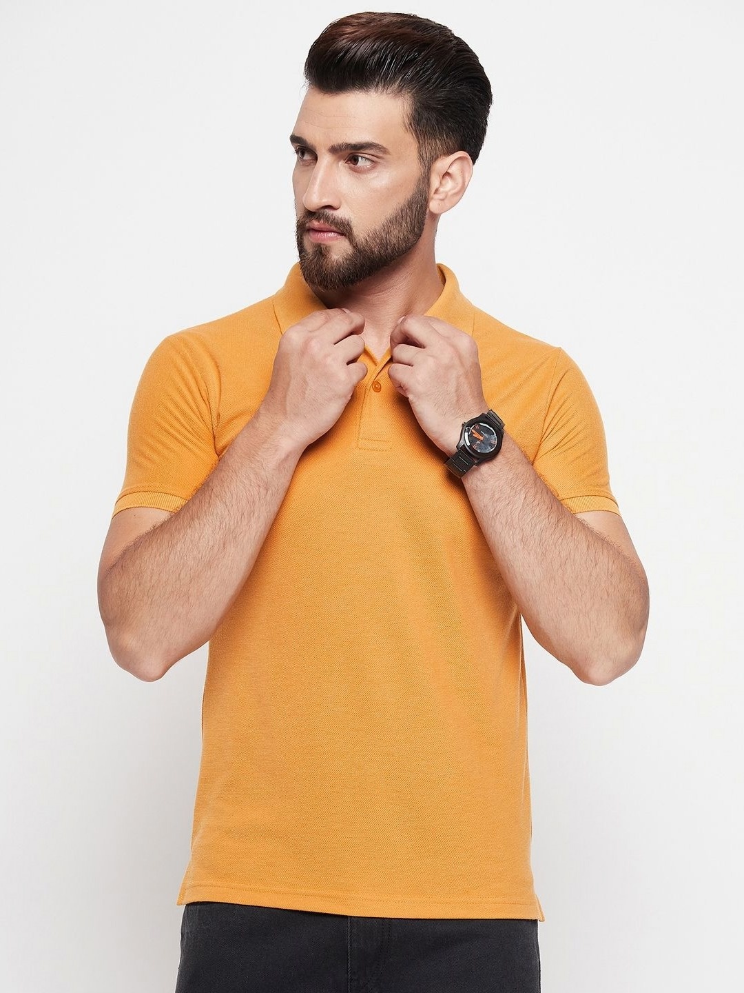 

NYKER Men Solid Polo Collar Cotton T-shirt, Mustard