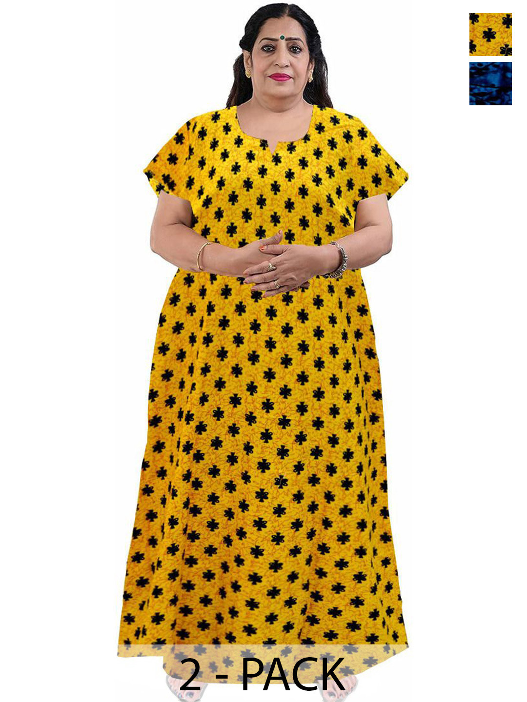 

PR PINK ROYAL Women Pack Of 2 Plus Size Pure Cotton Printed Maxi Nightdress, Yellow