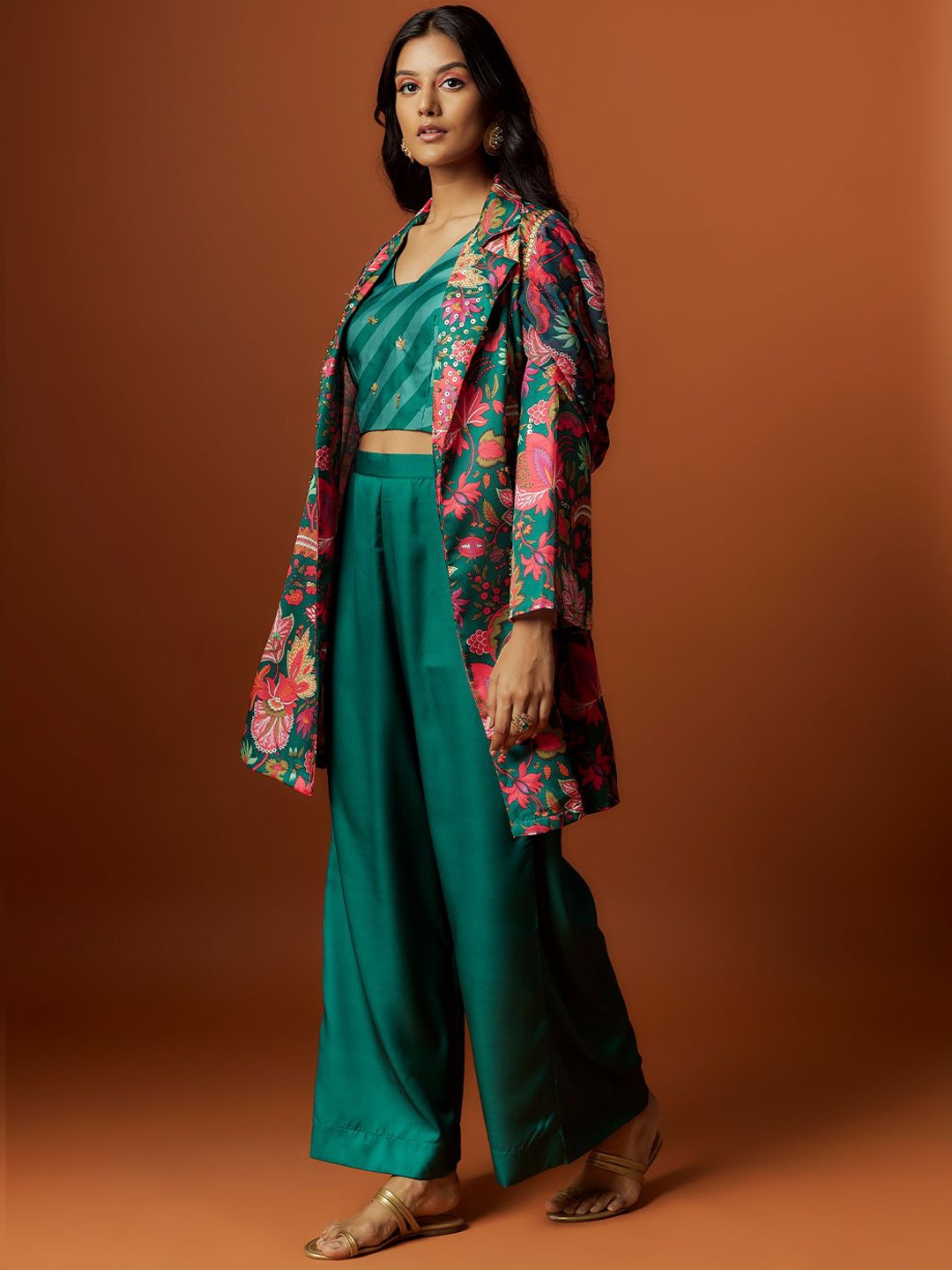 

Mystake By Meghna Shah Embroidered Cropped Top With Palazzos And Jacket, Green