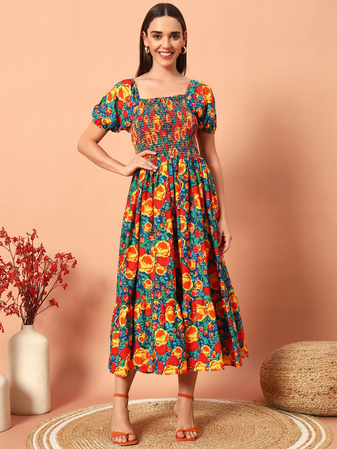 

ZWERLON Floral Print Puff Sleeve fit and flare Midi Dress, Blue