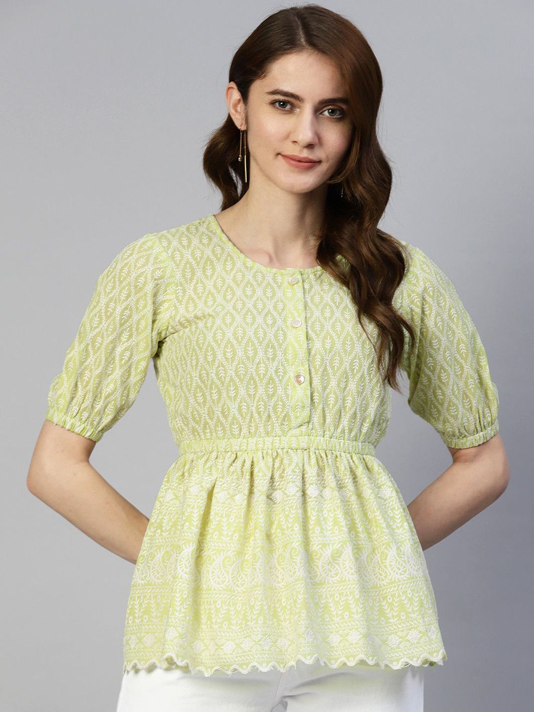 

JAINISH Floral Embroidered Puff Sleeve Cotton Top, Green