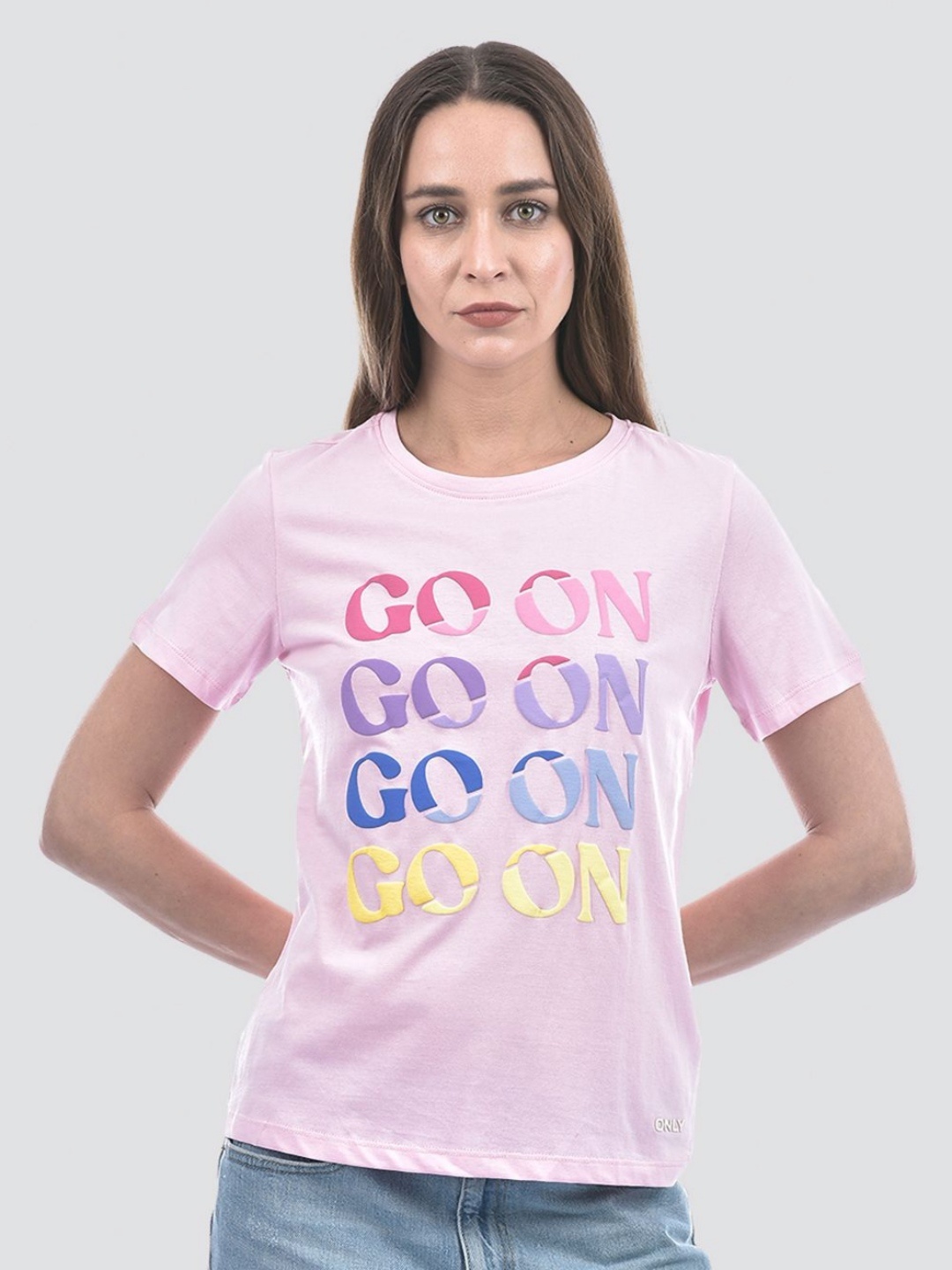 

ONLY Women Typography Printed Round Neck Cotton T-shirt, Pink