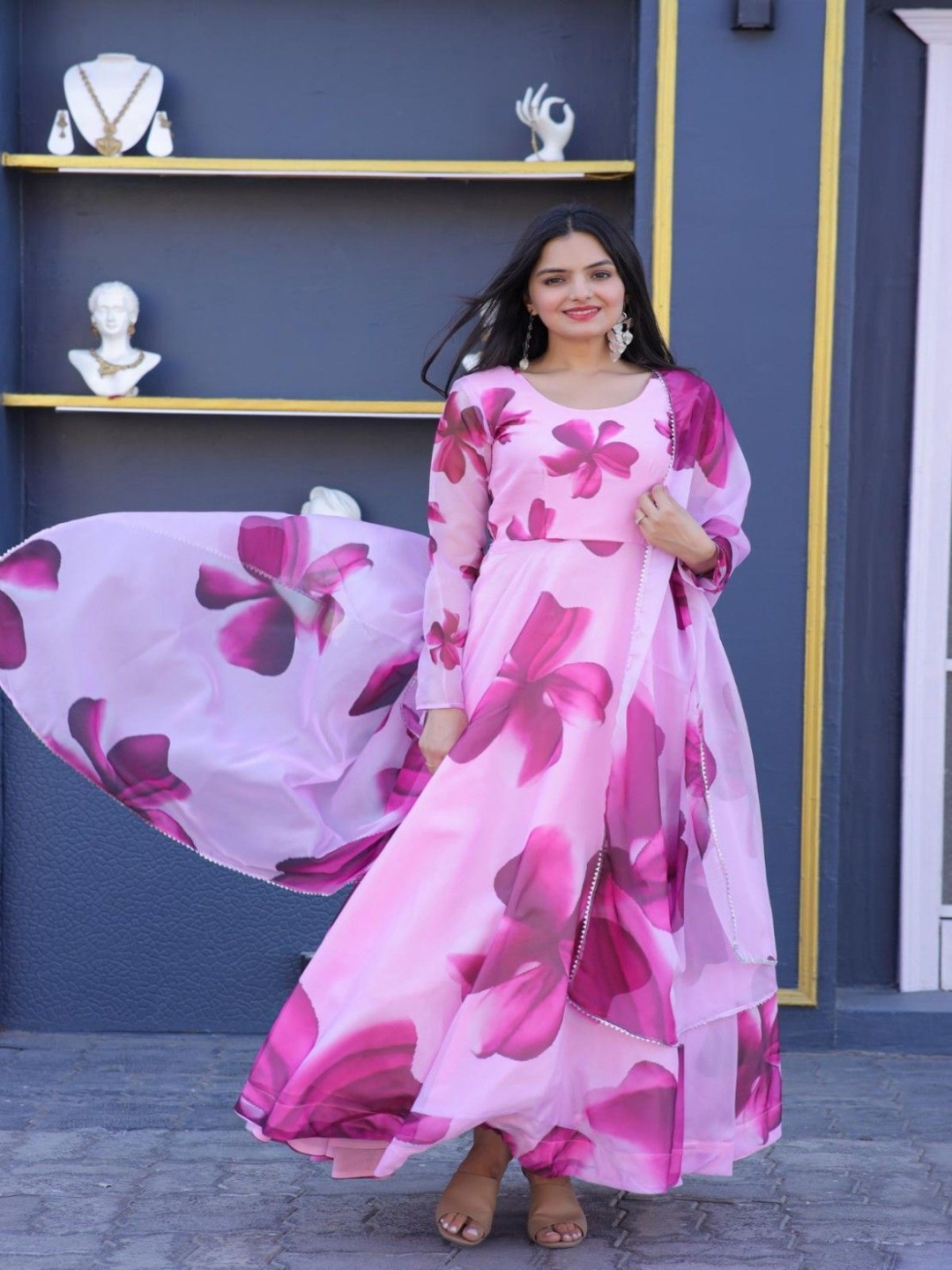 

Femvy Women Floral Printed Maxi Dress With Dupatta, Pink