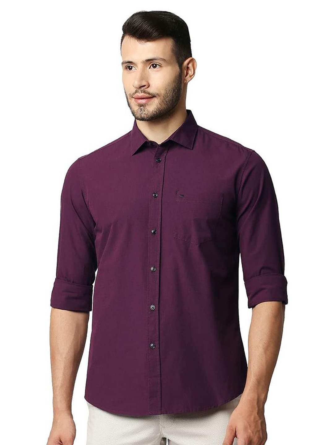 

Basics Men Relaxed Fit Spread Collar Solid Cotton Casual Shirt, Purple